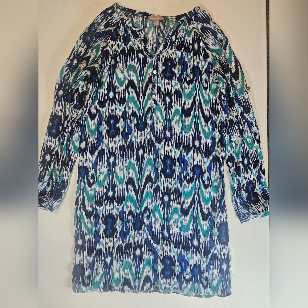 Banana Republic Tunic Dress Womens 6 Teal Blue Green Ikat Coastal‎ Resortwear